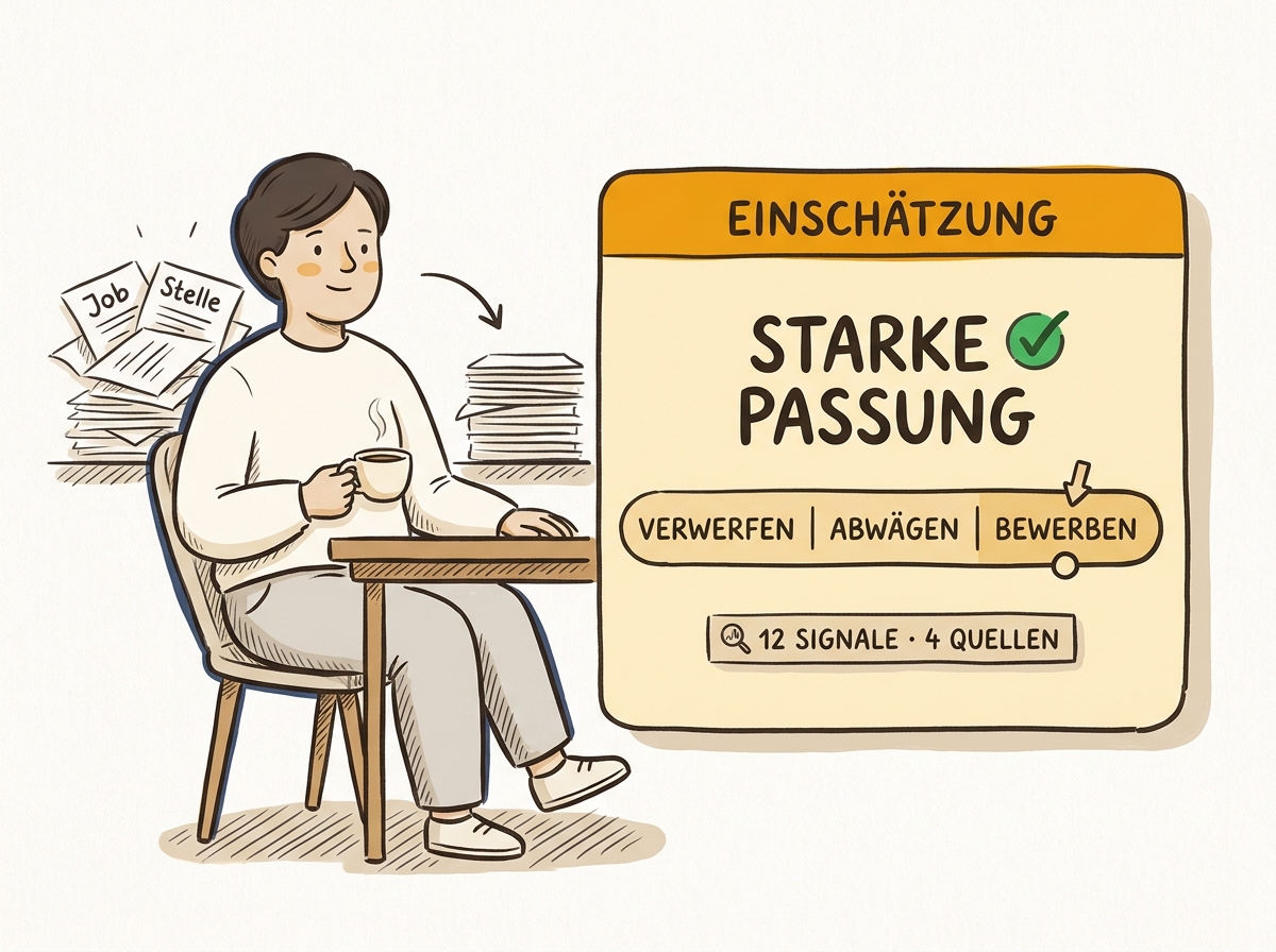 Aus recherchierten Unterlagen entsteht eine belegte Einschätzung mit der Passungs-Kategorie Starke Passung und der Skala Verwerfen, Abwägen, Bewerben